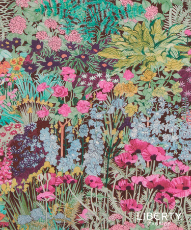 Colorful floral and botanical pattern with 'Liberty Fabrics' branding.