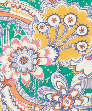 A close-up of a colorful paisley and floral patterned fabric or wallpaper featuring yellow, green, pink, orange, and purple motifs.