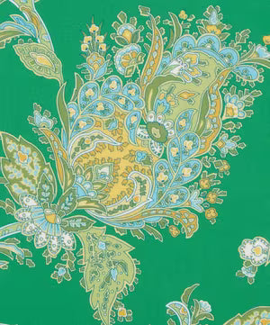 A close-up of a green fabric or wallpaper pattern featuring a detailed paisley and floral design in yellow, light blue, and olive green.