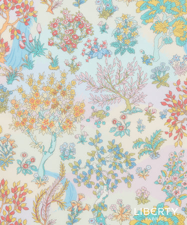 Liberty Fabrics floral toile pattern featuring whimsical trees, flowers, and foliage in pastel colors on a pale cream background.