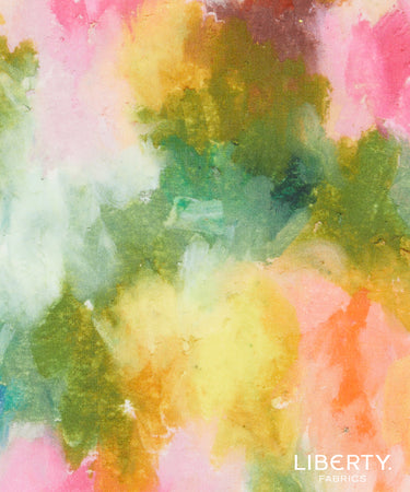Abstract watercolor fabric pattern with blended pastel pink, green, yellow, orange, and white tones.