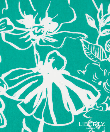 A close-up of a fabric pattern featuring bold white floral silhouettes on a bright teal-green background, with the text 'LIBERTY FABRICS' visible in the lower right corner.