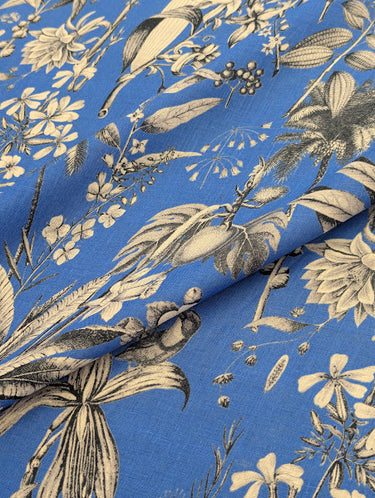 Floral fabric pattern on a blue background