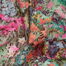 A close-up of Liberty Fabrics featuring a dense, multicolor botanical pattern with pink, orange, teal, and blue flowers on a dark brown background.