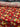 Close-up of a printed wool fabric with yellow flowers on a red background, shown displayed on a table within a shop setting.