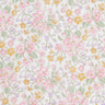 A repeating floral pattern featuring pink blossoms, small yellow flowers, and green leaves on a white background.