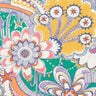 A close-up of a colorful paisley and floral patterned fabric or wallpaper featuring yellow, green, pink, orange, and purple motifs.