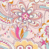 A close-up of a Liberty Fabrique fabric print featuring a whimsical, hand-drawn floral and paisley pattern in pink, orange, yellow, and light blue on a pale pink background.