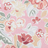 A close-up of Liberty Fabrics floral pattern featuring stylized flowers and leaves in pink, peach, cream, sage green, and burgundy on a light pink background.