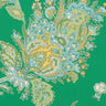 A close-up of a green fabric or wallpaper pattern featuring a detailed paisley and floral design in yellow, light blue, and olive green.