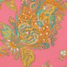 A close-up of a paisley pattern with ornate floral and teardrop motifs in orange, teal, yellow, and white on a pink background.