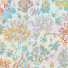 Liberty Fabrics floral toile pattern featuring whimsical trees, flowers, and foliage in pastel colors on a pale cream background.