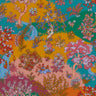 A close-up of a colorful Liberty Fabrics floral and botanical pattern with stylized trees, flowers, leaves, and small figures on a bright multicolor background. The Liberty Fabrics logo appears in the bottom right corner.