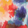 Abstract watercolor fabric pattern with blended splashes of red, orange, yellow, purple, blue, teal, and white.