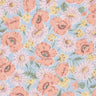 Liberty Fabrics floral pattern fabric featuring peach poppies, light pink daisies, and small yellow flowers on a light blue background.