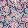A close-up of a colorful paisley and floral patterned fabric with a dark navy background and bright multicolor motifs including pink, orange, teal, yellow, and white. A small 'Liberty Fabrics' logo watermark is visible in the bottom right corner.
