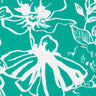 A close-up of a fabric pattern featuring bold white floral silhouettes on a bright teal-green background, with the text 'LIBERTY FABRICS' visible in the lower right corner.