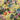 Close up of floral patterned fabric with colourful flowers and leaves on a yellow background