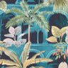 A close-up of Liberty Fabrics featuring a tropical botanical pattern with palm trees, banana leaves, and other foliage in shades of teal, green, yellow, and light blue on a dark navy background.