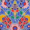 A close-up of a colorful Liberty Fabrics patterned fabric featuring a symmetrical, hand-drawn style floral and scroll design in blue, pink, red, green, yellow, and purple.